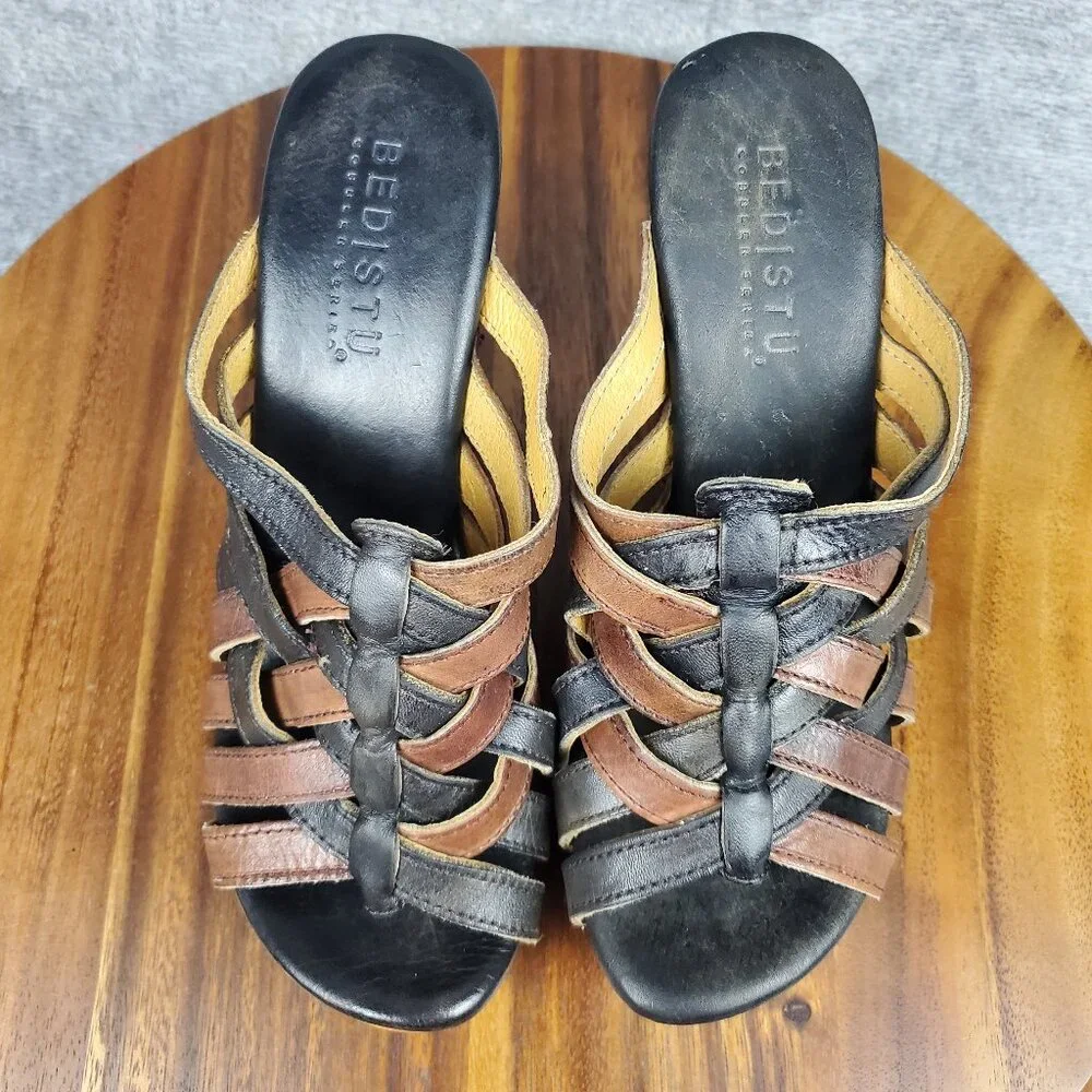 Bed Stu Sandals Women's 7 Brown Black Leather Gina Wedge Straps Slip On Platform - Picture 6 of 11